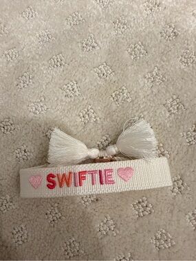 Ashleigh Design Co Swiftie Embroidered Tassel Bracelet Pink White